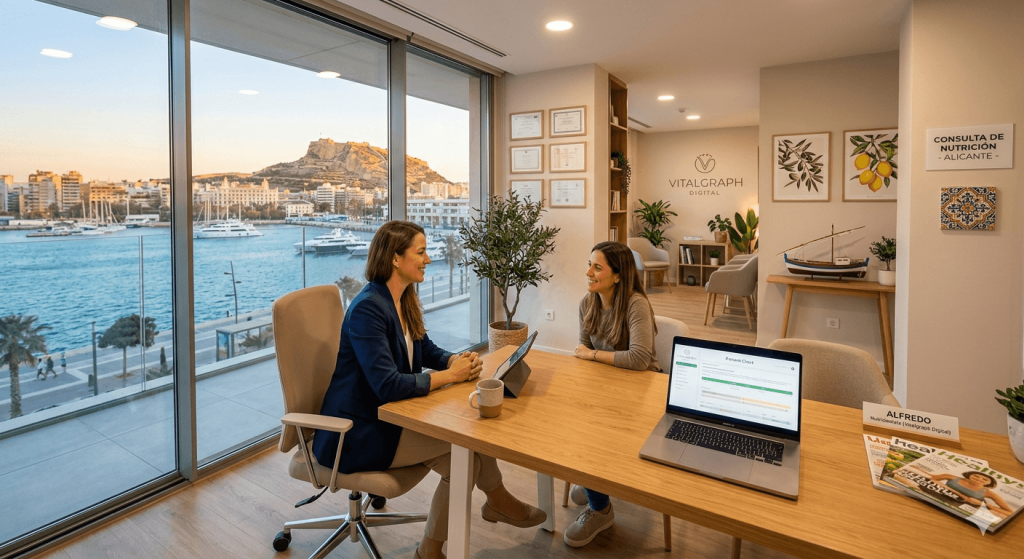 Consulta de nutrición moderna en Alicante con vistas al Castillo de Santa Bárbara y marca Vitalgraph Digital.
