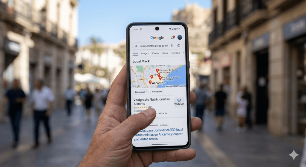 "Un primer plano de una mano sosteniendo un smartphone en una calle de Alicante. La pantalla muestra una búsqueda en Google de 'nutricionistas cerca de mí' y el primer resultado en el mapa es 'Vitalgraph: Nutricionistas Alicante' con 5 estrellas."