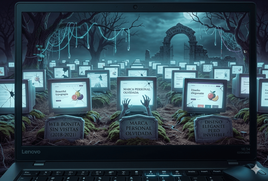 Ilustración de un cementerio simbólico de páginas web de nutricionistas con diseño elegante pero invisibles para el SEO y sin visitas.