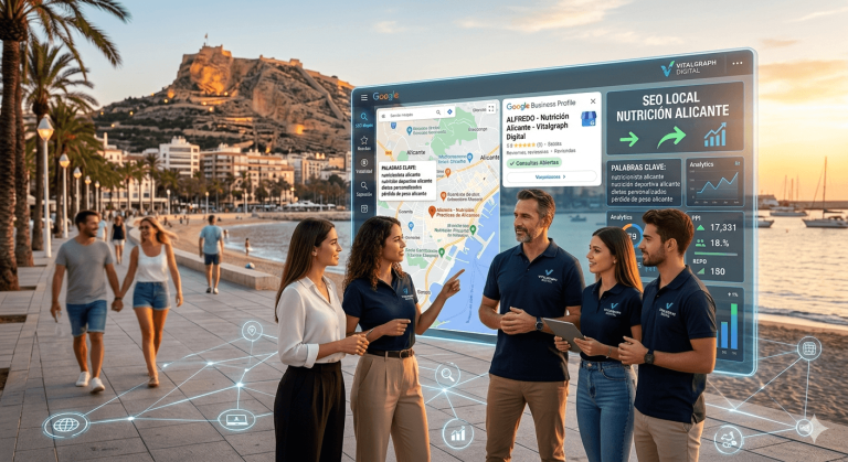 Interfaz de Google Maps mostrando el posicionamiento de nutricionistas en Alicante gestionado por Vitalgraph Digital.
