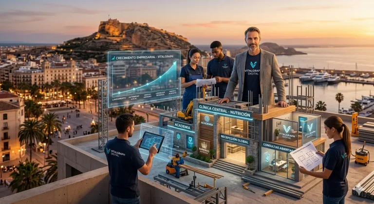 Vitalgraph Digital construyendo un imperio de clínicas y academias de nutrición con vistas al Castillo de Santa Bárbara.