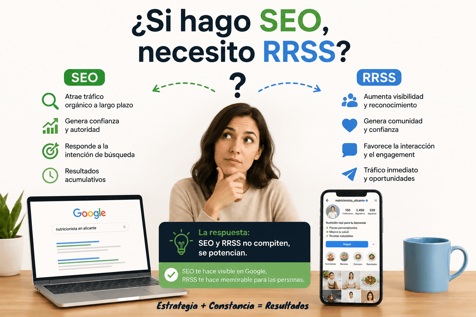 Comparación visual entre el SEO local y las redes sociales para nutricionistas a la hora de captar pacientes