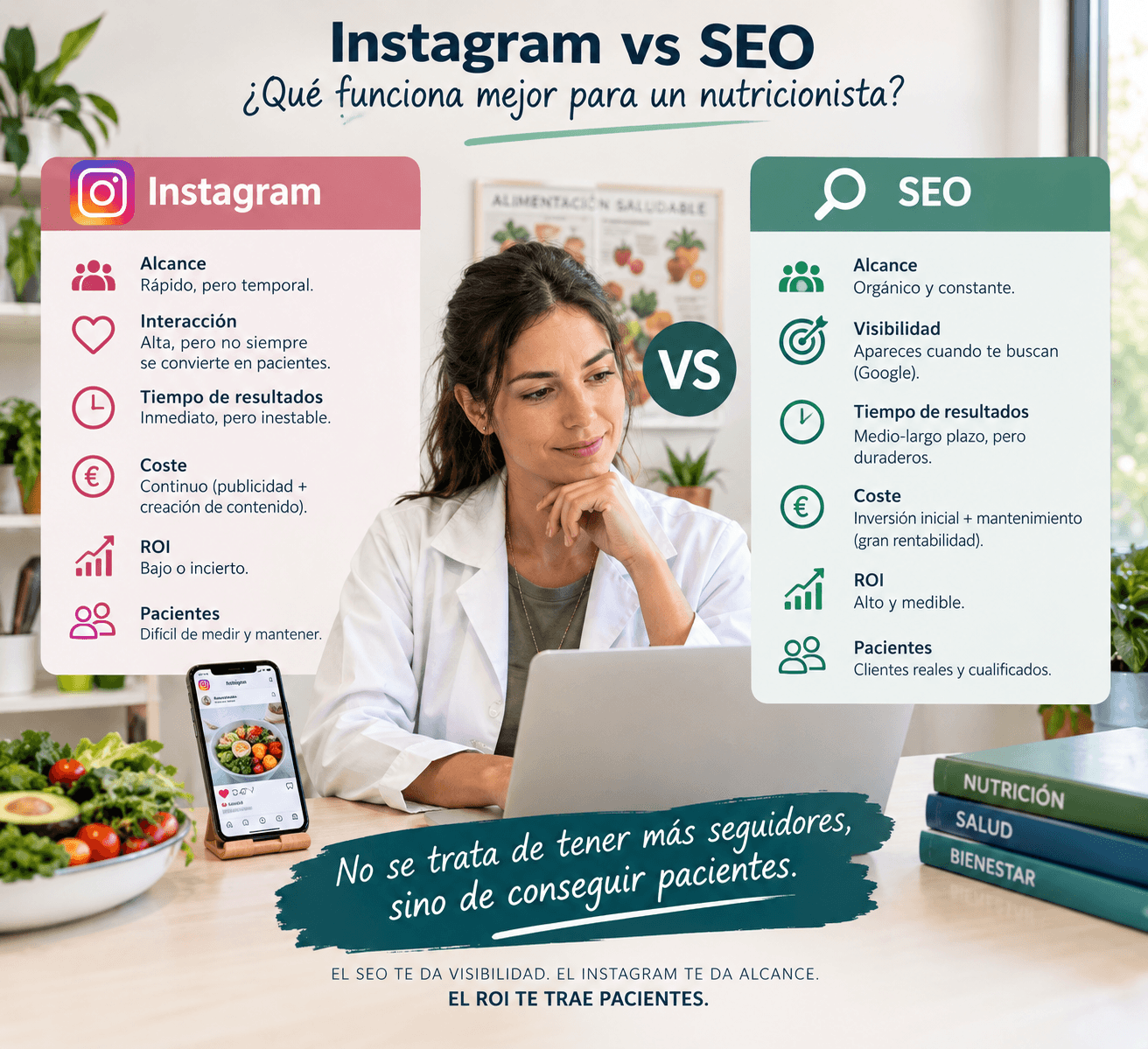 Instagram frente a SEO para nutricionistas: qué canal atrae a pacientes que ya buscan cita y cuál solo consigue seguidores